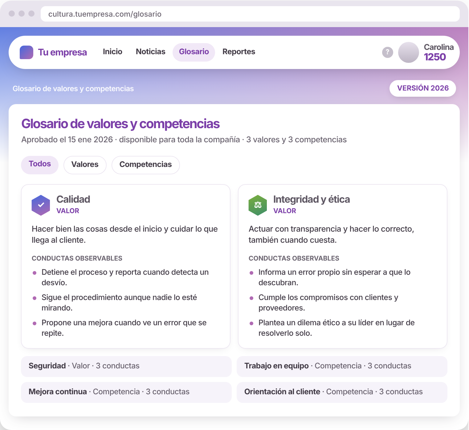 Mockup del glosario de valores y competencias con conductas observables